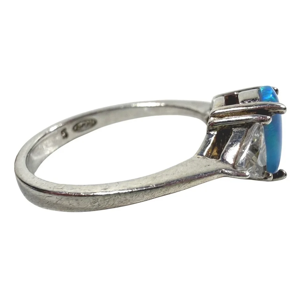 AVON Sterling Silver 925 Blue Lab Opal CZ Three Stone Ring Size 5 Vintage 1990s